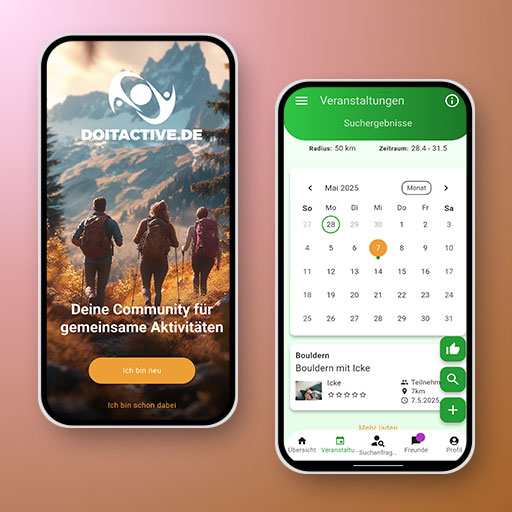 Die "doitactive.de" Freizeit-App im Überblick: Vom Startbildschirm zur Event-Suche. Die "doitactive.de" Freizeit-App im Überblick: Vom Startbildschirm zur Event-Suche.