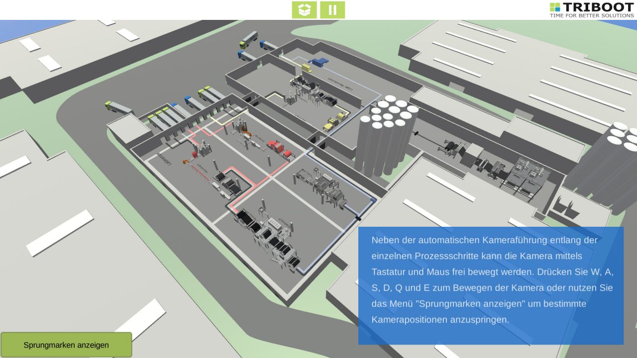 3D Prozess Simulation Software zur Visualisierung von Fertigungsprozessen, Materialflüssen und Industrie 4.0 Produktionsabläufen.