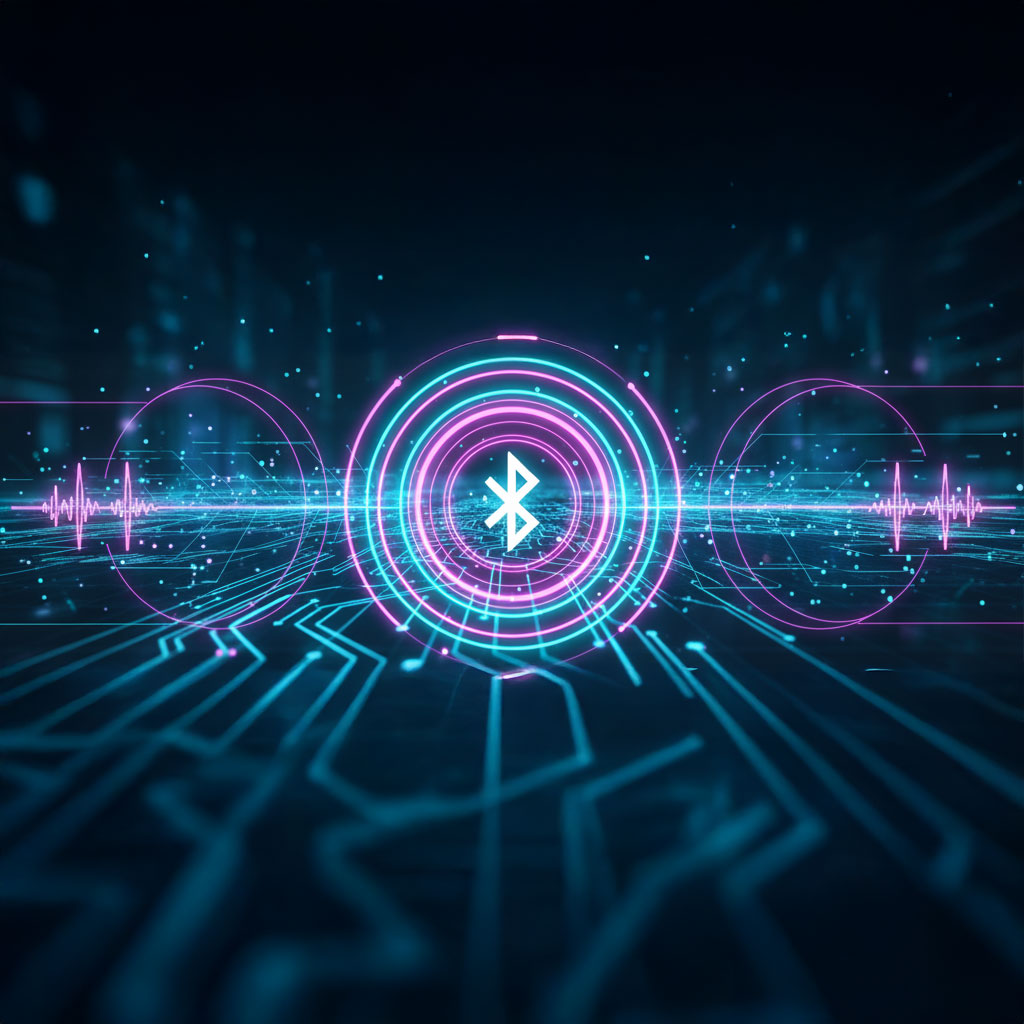 Abstrakte neon-futuristische Darstellung von Bluetooth 6.2 Datenübertragung, Geschwindigkeit und niedriger Latenz.