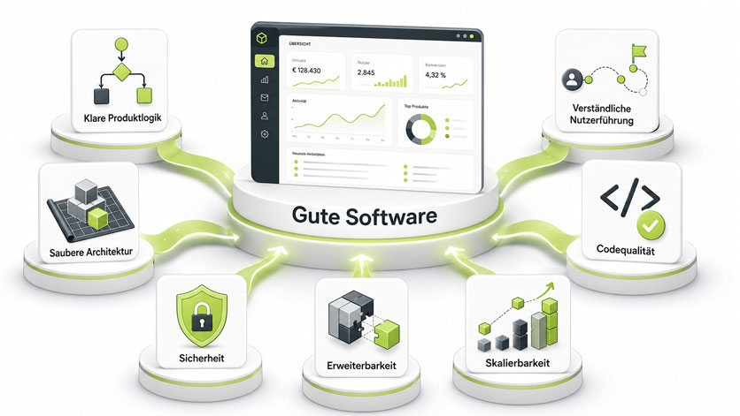 Infografik zum Thema „App entwickeln mit KI“: Im Zentrum steht ein Software-Dashboard mit der Aufschrift „Gute Software“. Sieben umliegende Module zeigen die Grundlagen erfolgreicher Softwareentwicklung: klare Produktlogik, saubere Architektur, verständliche Nutzerführung, Codequalität, Sicherheit, Erweiterbarkeit und Skalierbarkeit.