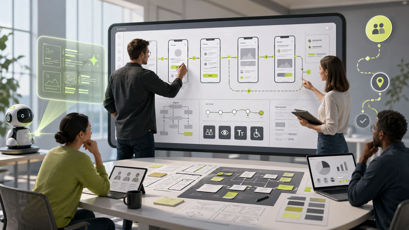 Modernes UX-Team arbeitet an einer großen digitalen Oberfläche mit App-Wireframes, User-Flows und Navigationspfaden. Ein kleiner KI-Assistent liefert Vorschläge, während Menschen die Nutzerführung aktiv planen, prüfen und verbessern. Die Szene visualisiert das Thema „App entwickeln mit KI“, bei dem UX und Nutzerführung nicht allein der KI überlassen werden.