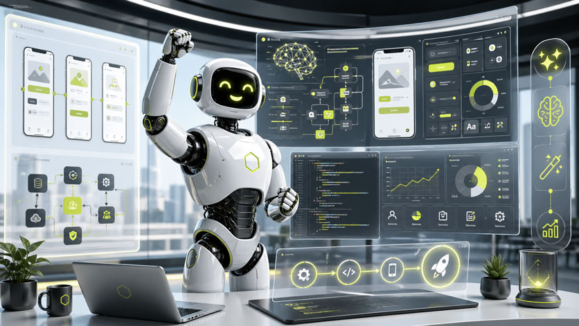 Futuristische Illustration eines glücklichen, siegessicheren Roboters in einem modernen Tech-Workspace. Um ihn herum schweben Bildschirme mit App-Wireframes, Code, Architekturdiagrammen, KI-Symbolen, Analyse-Dashboards und Launch-Elementen. Das Bild visualisiert das Thema „App entwickeln mit KI — aber richtig“.
