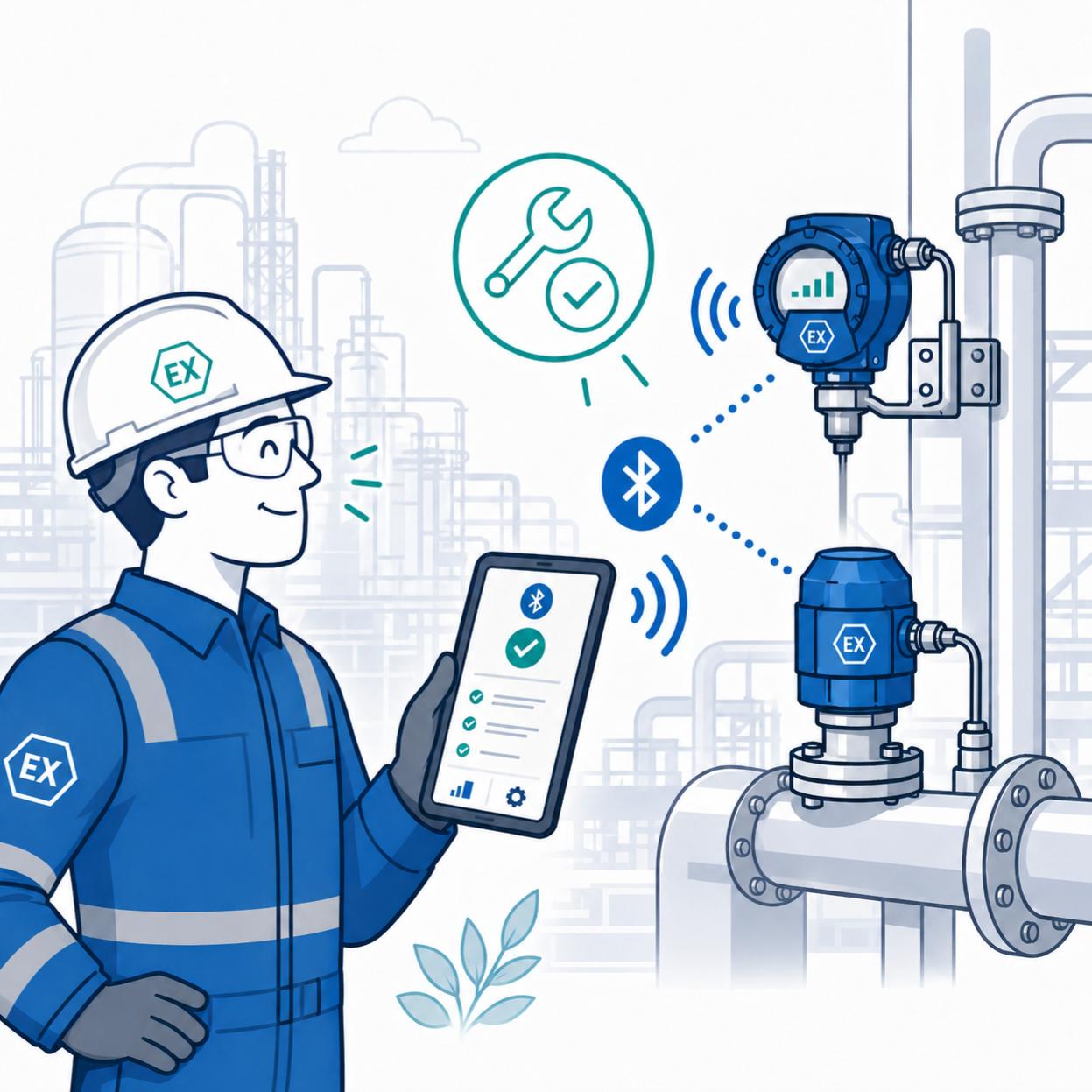 Glücklicher Techniker nutzt eine Bluetooth Sensor App, um Industriesensoren kabellos auszulesen.
