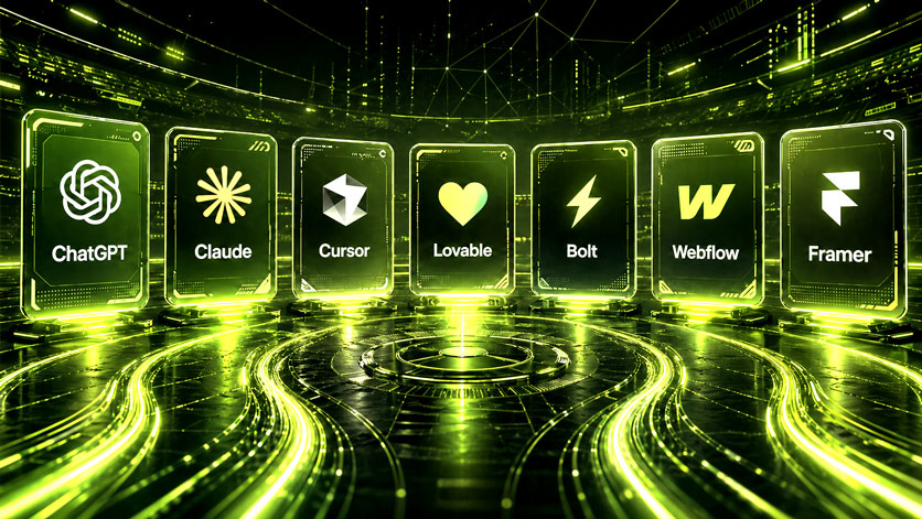 Futuristische Tech-Arena mit sieben konkurrierenden KI- und Webdesign-Diensten: ChatGPT, Claude, Cursor, Lovable, Bolt, Webflow und Framer als leuchtende Panels in einem neon-grünen Farbsetting.
