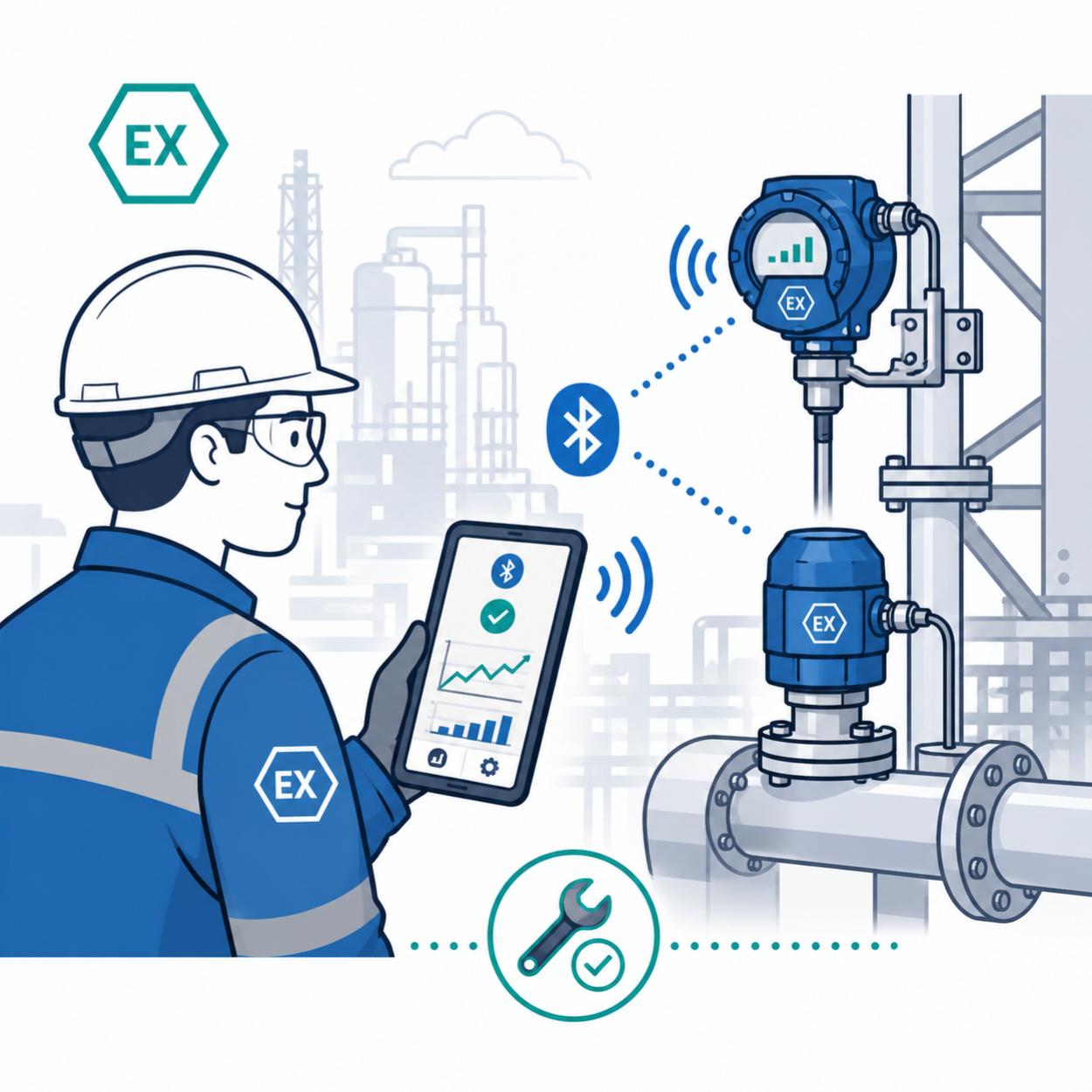 Piktogramm zeigt, wie Sensoren im EX-Bereich kabellos mit einer Bluetooth Sensor App ausgelesen werden.