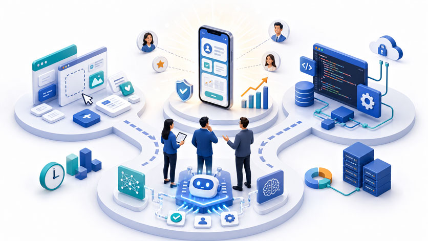 Team vor Entscheidung zwischen App-Baukasten, KI-gestützter App-Erstellung und individueller App Entwicklung