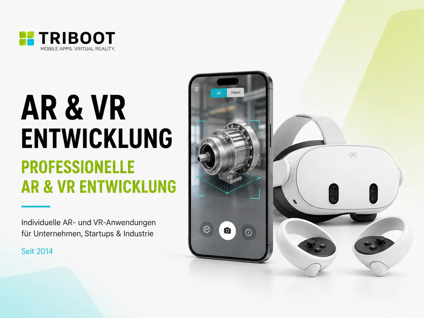 AR & VR Entwicklung – Professionelle XR Anwendungen von TRIBOOT AR & VR Entwicklung für Unternehmen mit Smartphone AR-Anwendung und VR-Headset