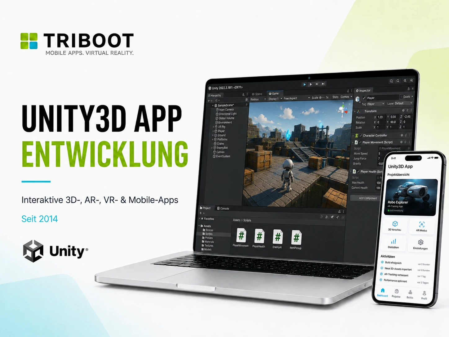 Unity3D App entwickeln lassen – TRIBOOT Unity3D App Entwicklung mit Unity Editor, 3D Game View und mobiler App von TRIBOOT