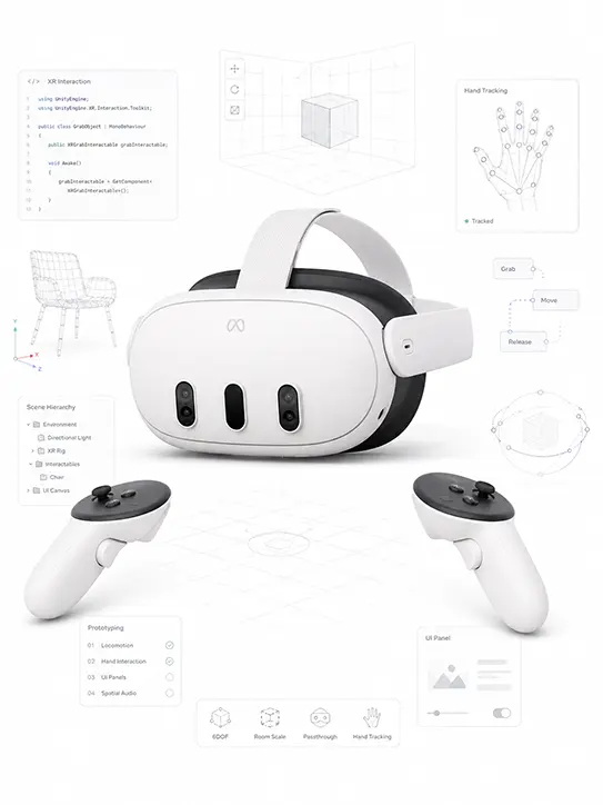 Oculus Quest 3 mit Controllern im Zentrum einer cleanen Visualisierung für VR Entwicklung, XR Interaktion und virtuelle Prototypen.