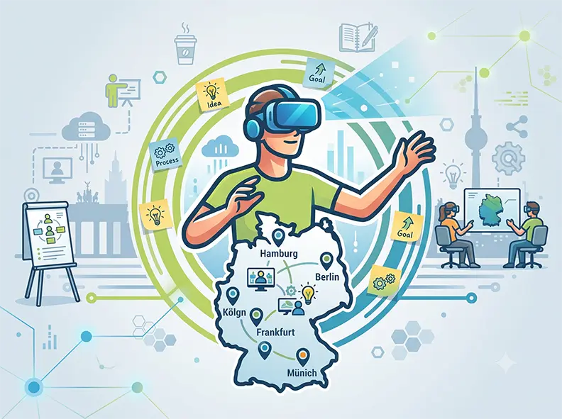 Virtual Reality Workshop bundesweit buchen: Eine Person mit VR-Headset über einer Deutschlandkarte mit Workshop-Elementen wie Flipchart und Haftnotizen in den CI-Farben Grün und Blau.