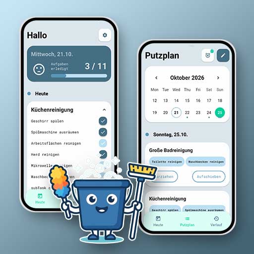 Putzplan-App: Zwei Smartphones mit Tagesaufgaben und Kalenderansicht sowie ein blaues Putzeimer-Maskottchen.